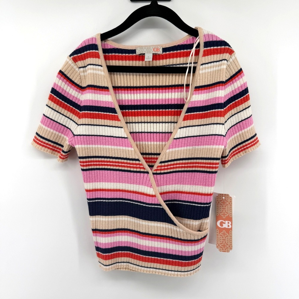 GB Top Striped Ribbed Wrap Front Small Pink Multi Womens Short Sleeve Crop
